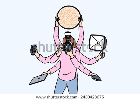 Multi-armed woman photographer does several things at same time due to lack of assistant or problems with planning. Professional photographer multitasking during photo shoot to increase productivity