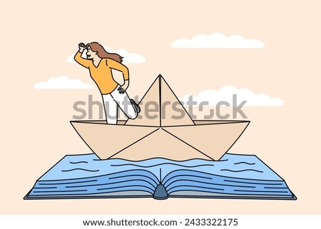 Woman bookworm fantasizes about sailing and traveling around world on ocean, standing in paper ship floating on book made of water. Bookworm girl is about to have adventures like literature characters