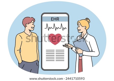 Doctor in medical uniform consult patient about EHR on cellphone screen. Female cardiologist have consultation with man about heart rate and cardiovascular disease. Vector.