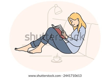 Happy woman sit on couch at home read book drink hot tea. Calm girl relax on sofa enjoy reading and coffee. Weekend relaxation. Vector illustration.