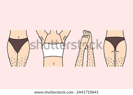 Hairy female legs and thighs in need of depilation or epilation using wax tape and sugaring. Body parts of girl in underwear, for advertising depilation services from cosmetologist