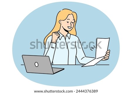 Excited woman sit at desk work on computer read good news in paper letter. Smiling female employee triumph with great message in paperwork correspondence. Vector illustration.