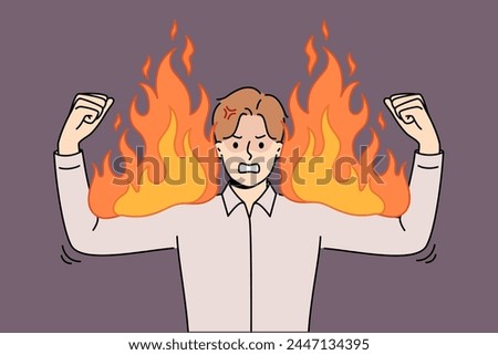 Angry business man experiencing anger and rage, showing burning biceps symbolizing strength and power. Corporate manager demonstrates anger after learning about mistakes made by subordinates