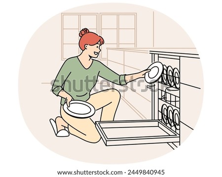 Smiling woman unloading dishwashing machine. Happy housewife put dirty plates into dishwasher at home kitchen. Household and chores concept. Vector illustration.