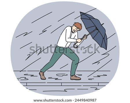 Decisive businessman with umbrella walk against storm and rain. Motivated male employee protect himself from business problems and heavy tasks. Vector illustration.