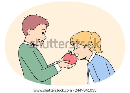 Smiling little children share fresh apple. Happy boy give bite delicious fruit with girl kid. Childhood and friendship. Vector illustration.