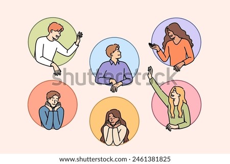 Communication of friendly people looking out from small circles, for concept of chatting in social media. Communication of men and women talking with friends and sharing positive life stories