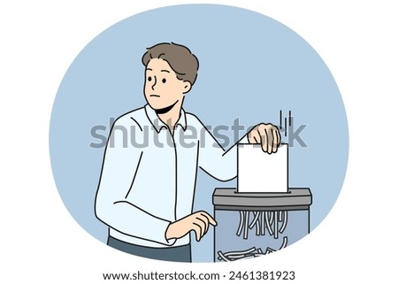 Businessman put paperwork in shredder in office. Scared male employee shredding document at workplace. Vector illustration.