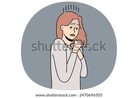 Frightened woman is afraid of resounding sounds or movements and is panicking due to psychological health problems. Frightened young girl needs protection or treatment for panic attacks