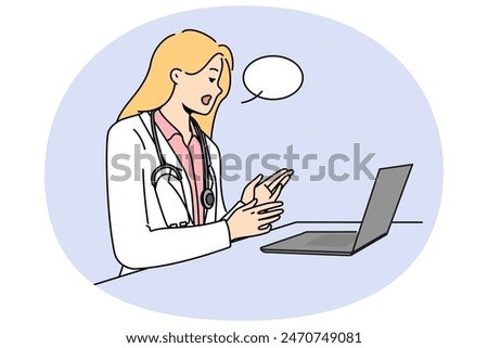 Doctor with laptop provides telemedicine services by consulting patients via internet. Woman telemedicine specialist in white remotely examines patient and gives recommendations for treatment