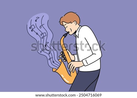 Man masterfully plays jazz composition on saxophone, blowing notes from musical instrument. Talented guy plays saxophone, thanks to excellent hearing and talent, helps entertain people