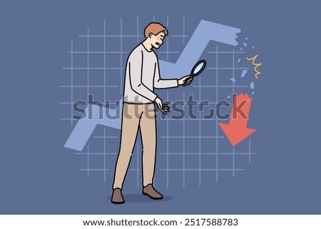 Collapse stock market is seen by man invested money, standing near collapsing financial chart. Crisis in stock market and sharp stop in growth or beginning of decline in prices for stocks and bonds