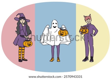 Cheerful kids in halloween outfits invite to go for treats and hold pumpkins in hands. Two brothers and sister dressed as witches and ghosts are ready for festive halloween events.