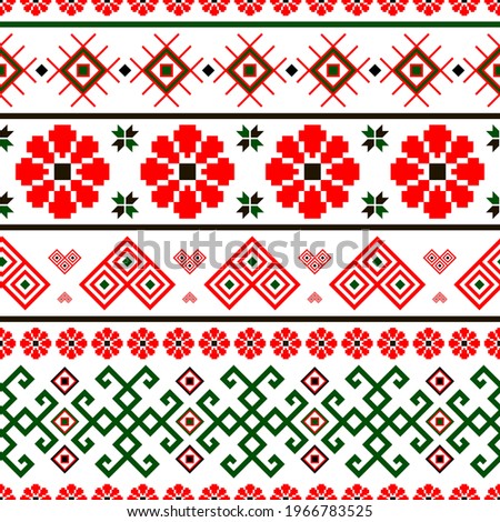 Bulgarian slavic balkan national folklore embroidery style red, white, green and black ornamental seamless vector pattern