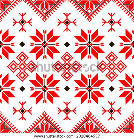 National folklore bulgarian balkan embroidery style red and black ornamental seamless vector pattern