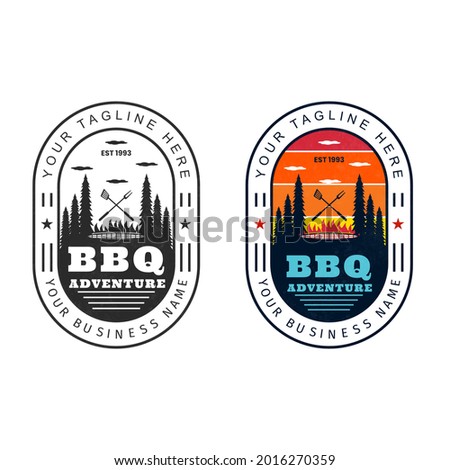 BBQ adventure logo vintage design. Fast food restaurant logo. restaurant in nature. classic bbq logo. Mountain grill vintage logo design