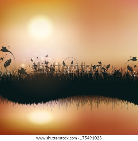 Summer Background With Grass, Sun Shiny And Butterflies