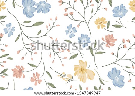 Seamless cute floral vector pattern with meadow flowers . Flower background.