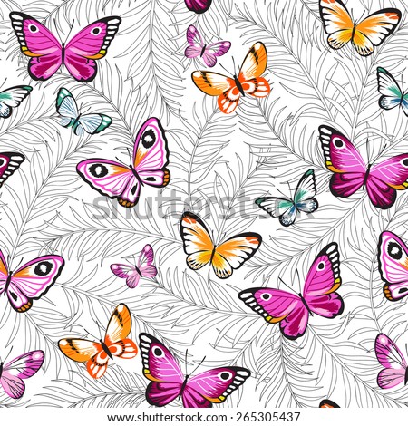 Butterflies and flowers exotic pattern, graphic background
