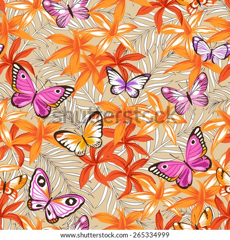 Butterflies and flowers exotic pattern, graphic background.