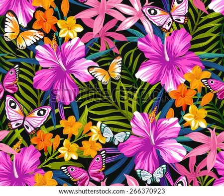 Butterflies and flowers exotic pattern, graphic background.
