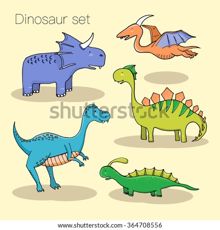 Set of different cute dinosaurs, mountauns and eggs in cartoon style. Vector illustration