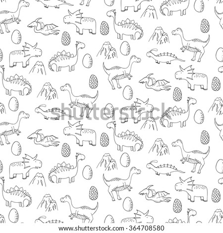 Seamless pattern with different cute dinosaurs, mountauns and eggs in cartoon style. Can be used for greeting cards, textile, wallpapers, etc. Vector illustration.