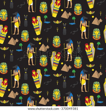Seamless pattern with egyptean elements such as anubis, mummy, pyramids, scarabs, etc. Vector illustration