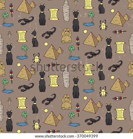 Seamless pattern with egyptean elements such as cats, sphinx, mummy, pyramids, scarabs, etc. Vector illustration
