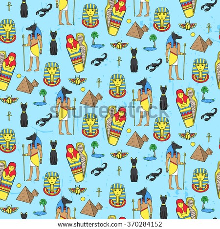 Seamless pattern with egyptian elements such as anubis, mummy, pyramids, scarabs, etc. Vector illustration