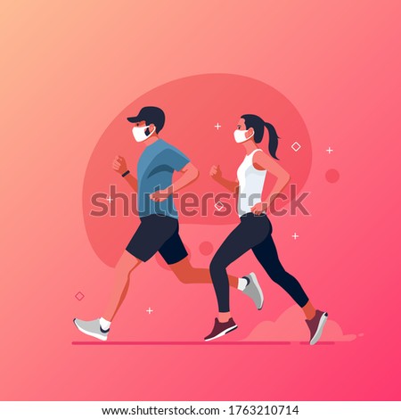 New normal life, man and woman running with wearing mask