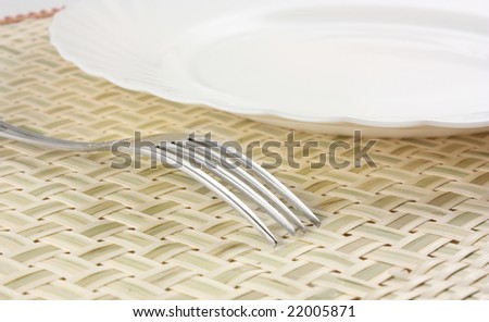 Plate with a fork on a bamboo place-mat