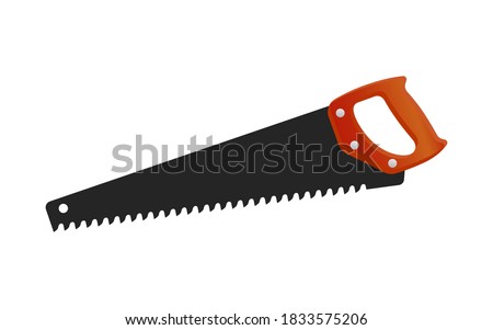 Flat metal hand saw with red handle isolated on white. Cartoon steel hacksaw for cutting metal and wood. Tool builder, carpenter, repairmen. Home handsaw flat vector icon. Construction instrument.
