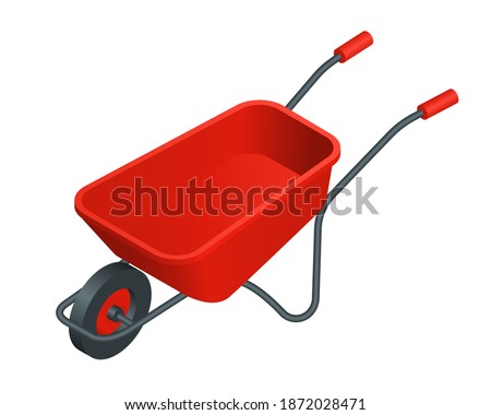Isometric vector red wheelbarrow illustration isolated on white background. Metal wheelbarrow colorful vector icon. Red wheelbarrow with one wheel for transportation cargo in flat cartoon style.