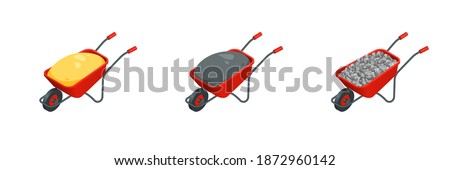 Isometric vector set of construction material on wheelbarrow illustrations isolated on white background. Sand, gravel, cement on barrow colorful vector icons. Building materials in flat cartoon style.
