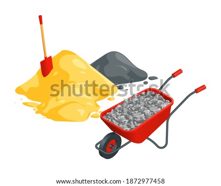 Isometric vector wheelbarrow, shovel, sand and cement piles illustration isolated on white background. Construction materials vector icon. Building materials and equipment in flat cartoon style.