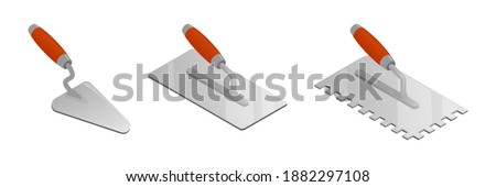 Set of isometric vector illustrations bricklayer and stucco trowels isolated on white background. Cement trowel, plastering trowel colorful vector icons in flat cartoon style. Construction tool. Stock foto © 
