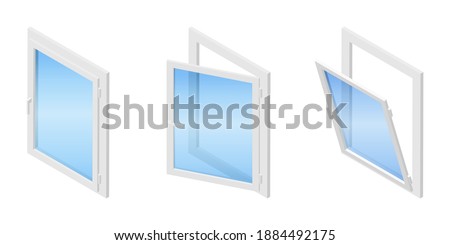 Isometric vector illustration plastic windows isolated on white background. Isometric vector diagram showing a casement window in three different positions: closed, tilted open and swung fully open. Сток-фото © 