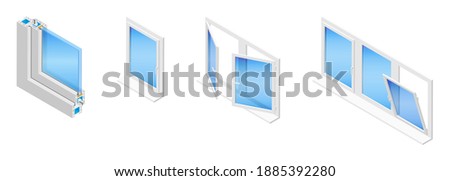Isometric vector illustration plastic windows isolated on white background. Casement window in different positions: closed, tilted open and swung fully open. Double glazed window pane PVC profile. Сток-фото © 
