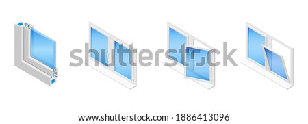 Isometric vector illustration plastic windows isolated on white background. Casement window in different positions: closed, tilted open and swung fully open. Double glazed window pane PVC profile. Сток-фото © 