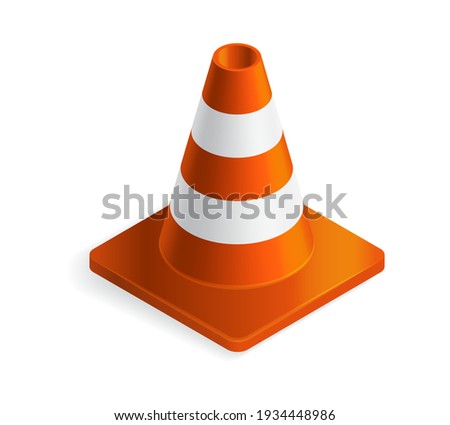 Vector illustration orange plastic traffic cone isolated on white background. Realistic orange road cone with stripes icon in flat cartoon style.