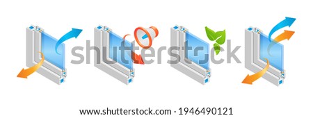 Isometric vector illustration recycling, noise reducing and thermal insulation plastic window frame profile isolated on white background. Cross-section diagram of a double glazed window pane profile.