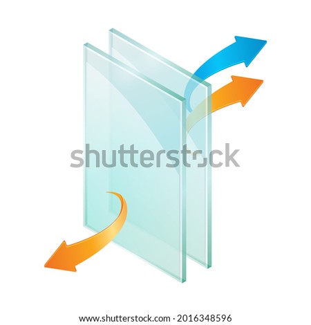 Vector illustration sheets of window glass isolated on transparent background. Realistic glass sheets icon. Cross-section diagram of a double glazed window pane reflecting cold and heat.
