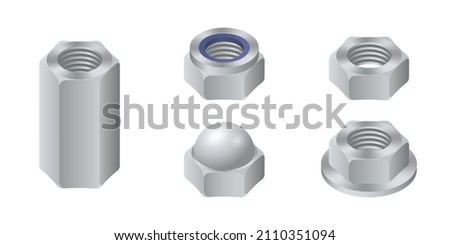Isometric vector illustration steel nuts isolated on white background. Set of realistic hexagonal nut icons. Metal female screw. Nut bolt.