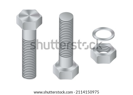 Isometric vector illustration steel bolt and hex nut isolated on white background. Realistic stainless steel bolt and nut icon. Set of isometric screw-nuts and bolts.