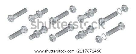Isometric vector illustration steel bolt and hex nut isolated on white background. Realistic stainless steel bolt and nut icon. Set of isometric screw-nuts and bolts. Stock fotó © 