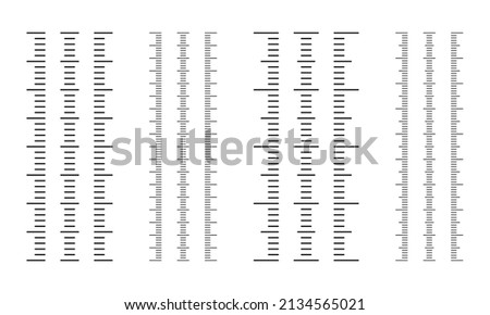 Vector illustration of different size indicators isolated on white background. Set of measure instrument lines in flat style. Vertical measuring scale. Markup for rulers. Bar level meter template.
