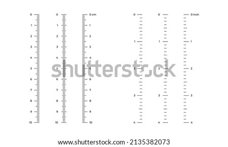 Vector illustration size indicators 10 cm and 4 inches isolated on white background. Set of measure instrument lines in flat style. Vertical measuring scale. Markup for ruler. Bar level meter template