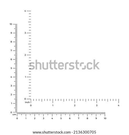 Vector illustration of corner rulers from 0 to 4 inches and from 0 to 10 cm isolated on white background. Set of measure instrument lines in flat style. Vertical and horizontal measuring scales.