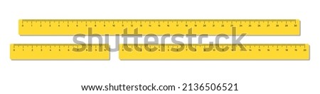 Vector illustration yellow plastic tape rulers 10, 20 and 30 cm isolated on white background. Set of realistic school measuring rulers in flat style. Measuring tools.